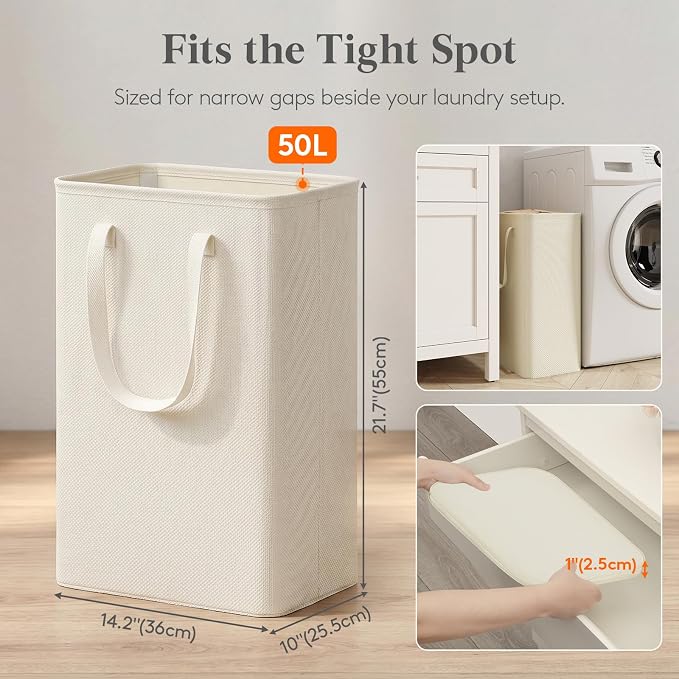Lifewit Slim Laundry Hamper, Narrow Small Laundry Basket with Handle for Dirty Clothes, Collapsible Tall Thin Laundry Bin for Bathroom Bedroom Dorm College, 50L, White