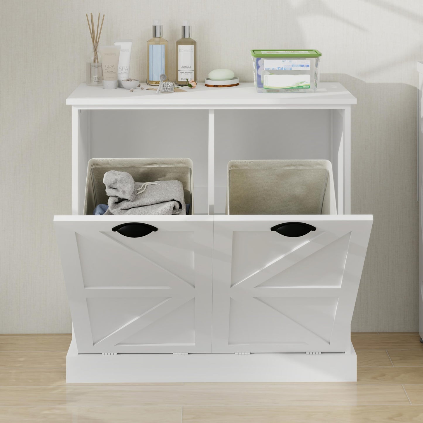 agnixnaf Two-Compartment Tilt-Out Laundry Sorter Cabinet with Removable Cloth Bags,Laundry Room Organization,UV Painting Cabinet for Laundry Room,Bathroom,Utility Room-White