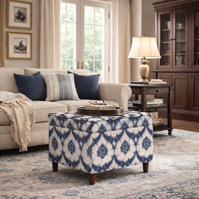 Spatial Order Home Decor | Dinah Collection Modern Storage Ottoman | Ottoman with Storage for Living Room & Bedroom(Blue Medallion Print)