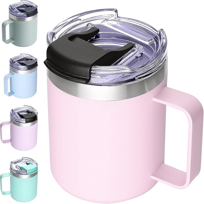 12oz Insulated Coffee Mug Cup with Handle, Stainless Steel Travel Coffee Mug with Flip Lid, Double Wall Vacuum Coffee Tumbler,Blush