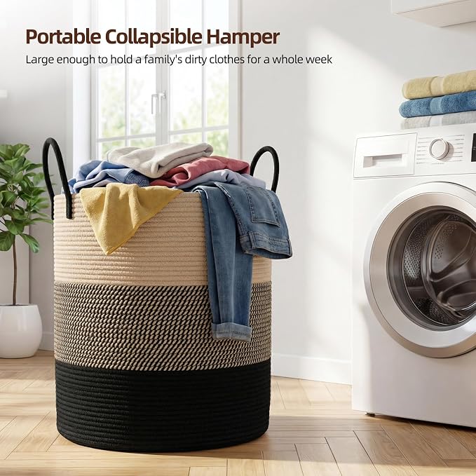 OIAHOMY Large Laundry Basket Hamper - 60L Cotton Rope Woven Basket for Blankets, Toys, Clothes - Tall Decorative Nursery Hamper with Long Handles, Yellow/Black