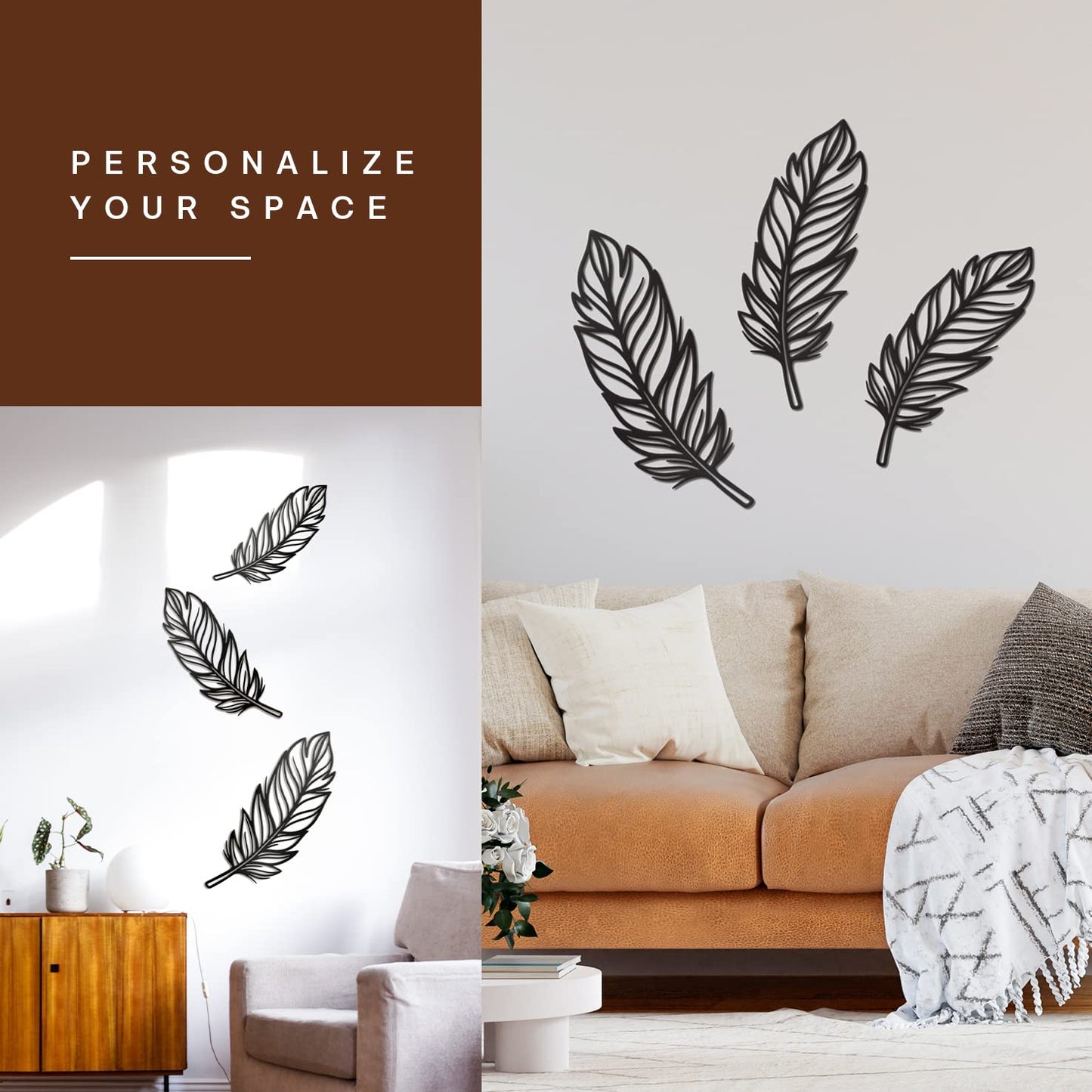 Vivegate 3 PCS Metal Feather Sign Metal Wall Decor - 17"X17" 3 PCS Black Modern Beautiful Boho Feathers Farmhouse Metal Wall Signs for Hanging Any Room Wall Art Decor