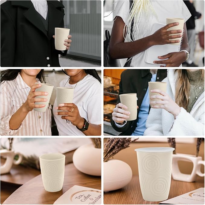 Wrova Wheat Straw Cups with Silicone Covers 16oz Set of 6 - Alternative Plastic Cups Microwave & Dishwasher Safe - Plastic Drinking Cups Unbreakable for Kids - Beige