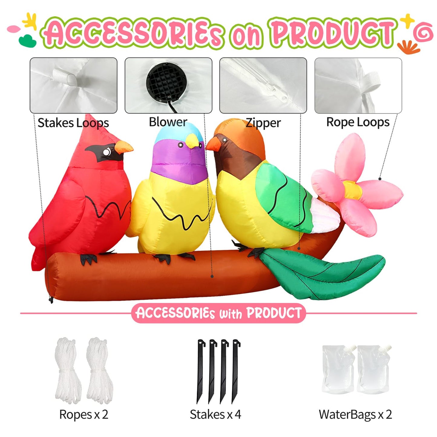 DomKom 8FT Long Inflatables Bird Gifts with Flower Outdoor Decoration, Blow Up Decoration, Built-in LED Lights Decor, Garden, Lawn, Yard, Patio,