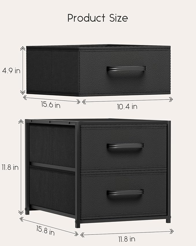 Homsorout Stackable Storage Drawers - 2 Tier Closet Organizer with Metal Handles, Fabric Dresser with Collapsible Bins for Bedroom, Dorm, Office, Black, 2 Pack