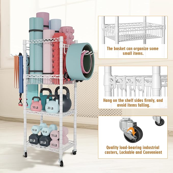 FUTASSI Home Gym Storage, 3 Tiers Workout Equipment Organizer with Wheels for Yoga Mats, Foam Roller, Dumbbells, Kettlebells, and Resistance Bands