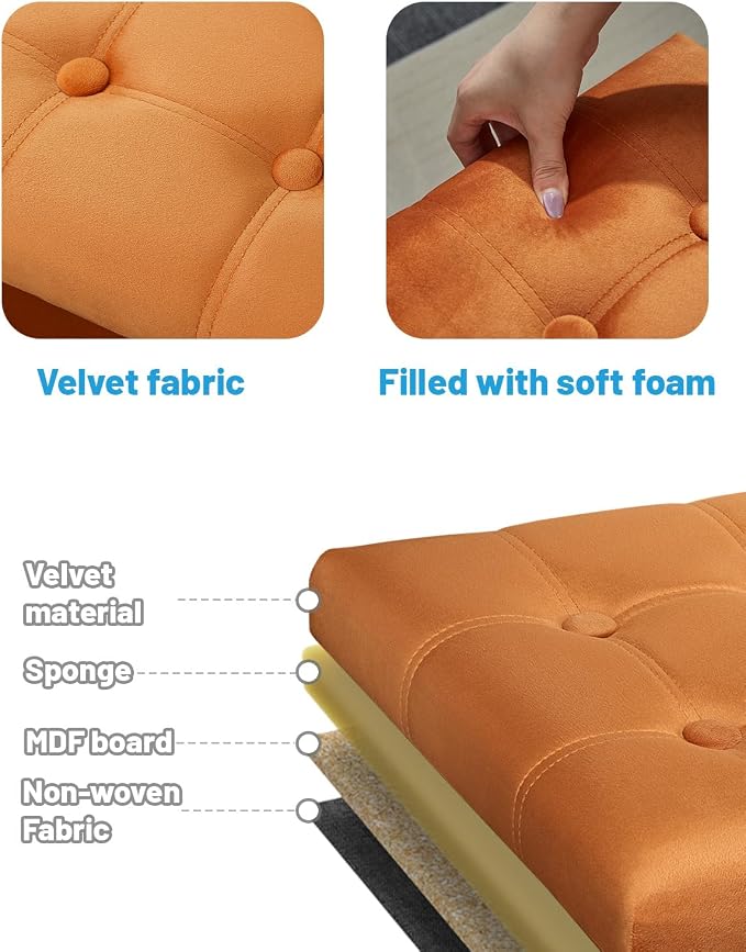 AmasSmile Storage Ottoman Foot Rest Stool, 17 inch Velvet Footstool Bench, Short Ottomans Stool, Small Folding Storage Ottoman Store Books, Records, Orange