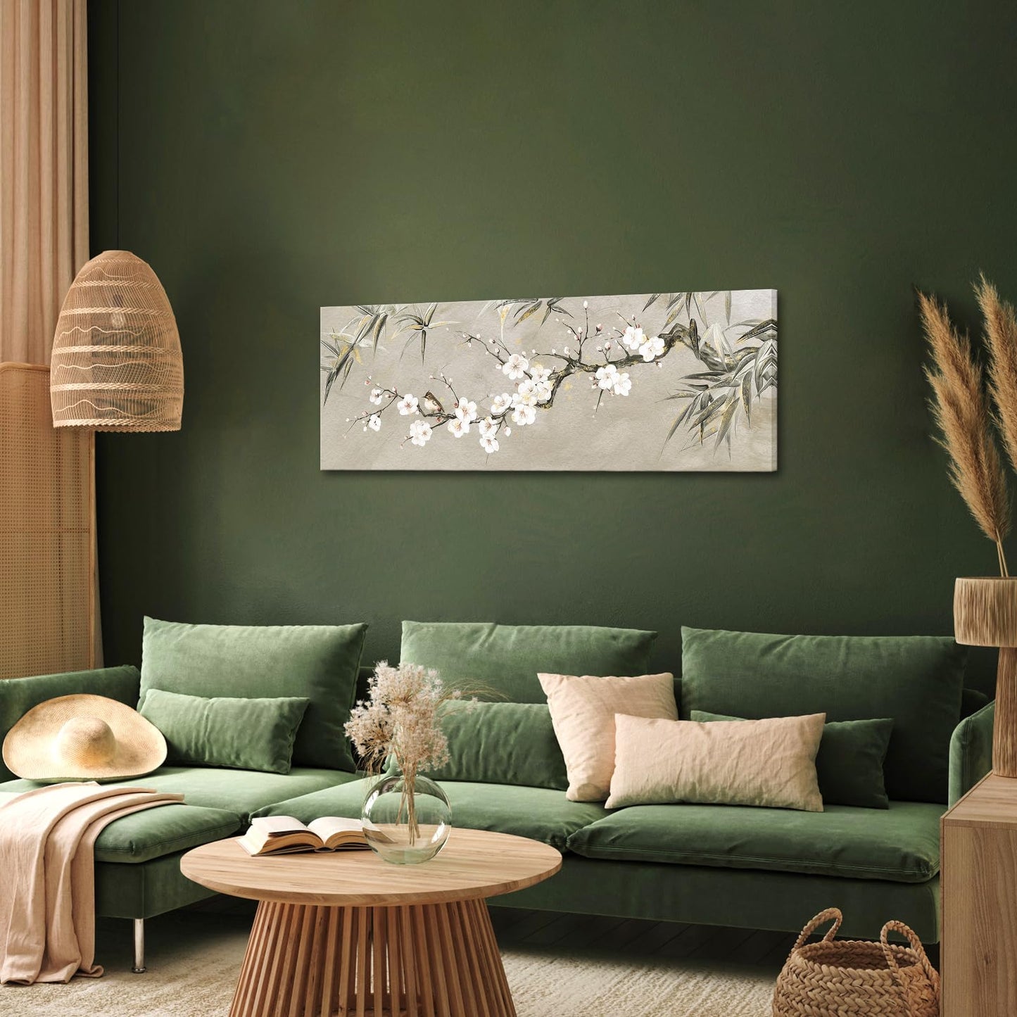 KREATIVE ARTS Large Bamboo Plum Blossoms Chinese Traditional Wall Art Canvas Painting with Birds, Black Grey Gold Print, Modern Home Living Room Decoration, 20x55 Inches