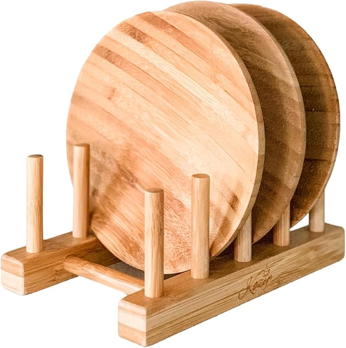 Pot Lid Organizer, Dish Drying Rack Dishware Holder 100% Natural Bamboo Drainer Stand - Wooden Finish- Holds Plates Bowls Mugs Cups Cutting Board (Natural Bamboo- Plate Holder (Set of2))
