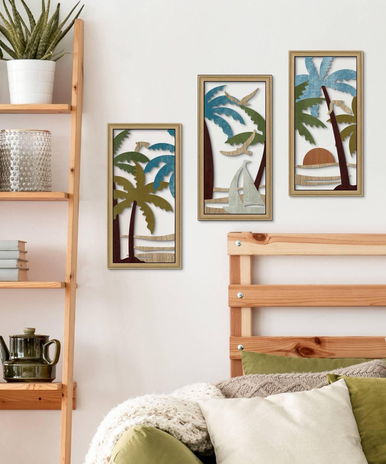 Putuo Decor Palm Tree Wall Decor Set of 3, Coastal Wall Decor, Boho Wall Art, Beach Themed Wooden Wall Plaque for Living Room Bedroom Bathroom