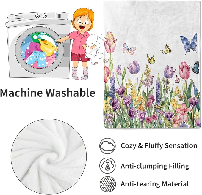 Spring Tulip Flower Blanket Cute Floral Throw Blankets with Colorful Butterfly,Birthday Gifts for Girls Women & Nature Lovers,Lightweight Soft Fleece,for Sofa Couch Bed Room Decor 50x60in