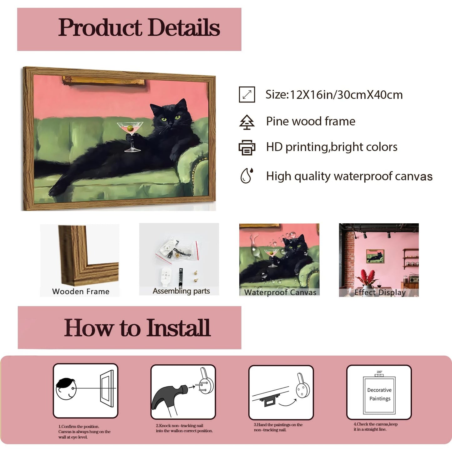 Funny Black Cat Martini Wall Art, Bar Cart Decor, Eclectic Cocktail Painting Canvas Print, Cute Animal Artwork Picture for Bedroom Living Room Kitchen 12x16 inch Wood Framed