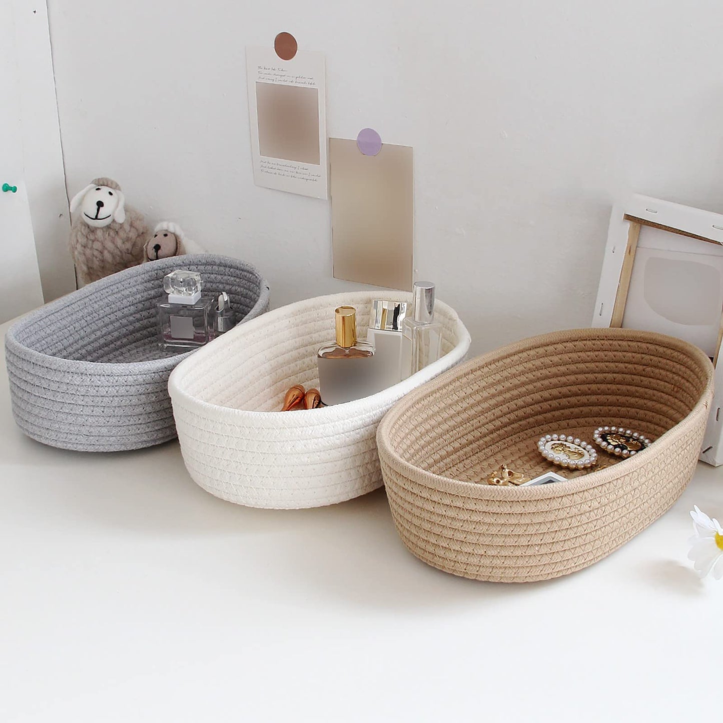 Small Woven Rope Storage Basket with Handles Spring Mini Oval Decorative Hampers for Empty Chest Box 3 Sizes(Khaki 12''L x 4"W x 7''H)