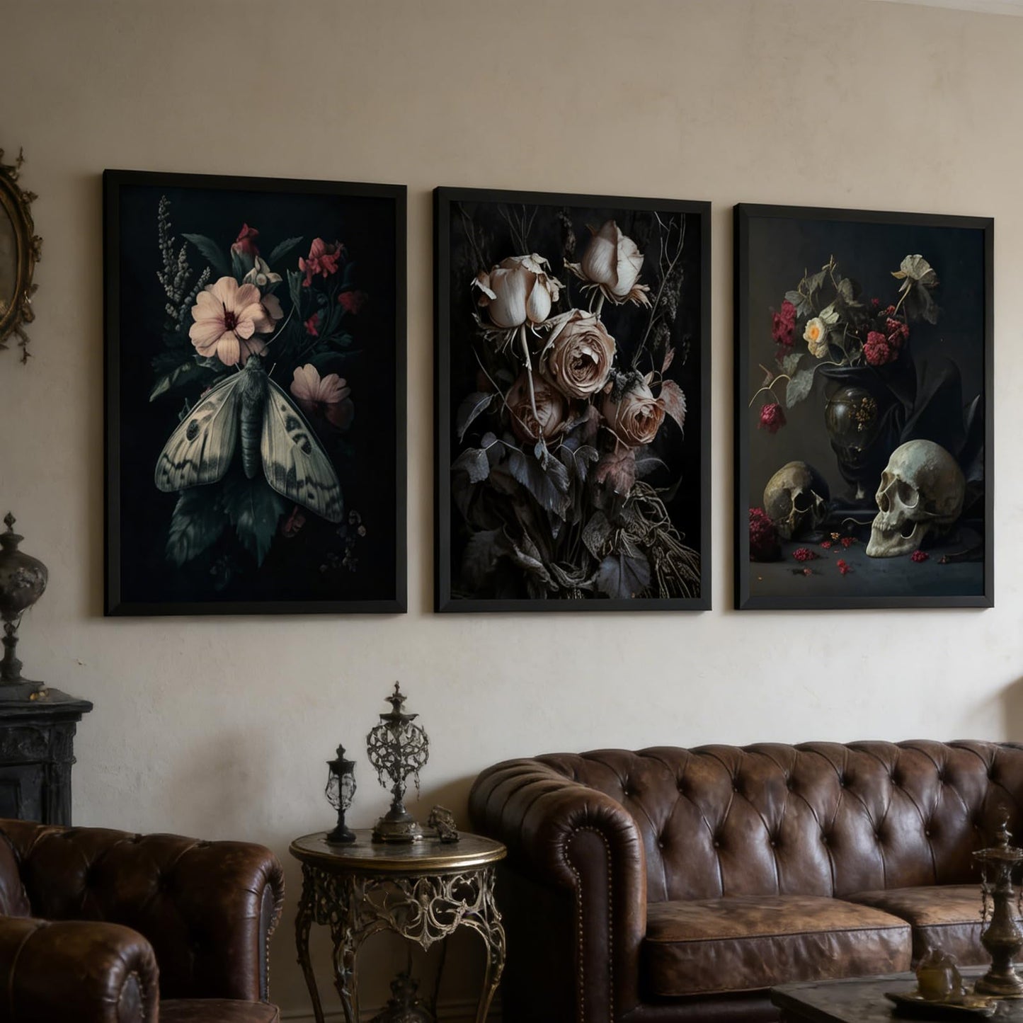 ASEKBWL 3Pcs Gothic Poster Wall Art Dark Academy Moth Rose skull Horror Painting Picture Wall Decor Creepy Moody Halloween Canvas Print Artwork for Bathroom Living Room Study Home Decoration Unframed