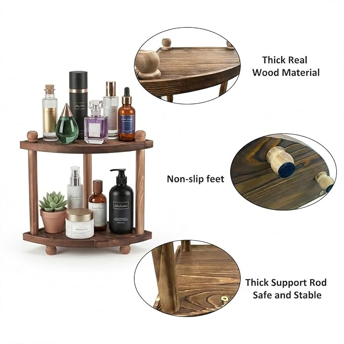 Corner Bathroom Counter Organizer, 2-Tier Bathroom Organizers and Storage, Wooden Vanity Perfume Organizer Makeup Countertop Shelf for Kitchen Dresser