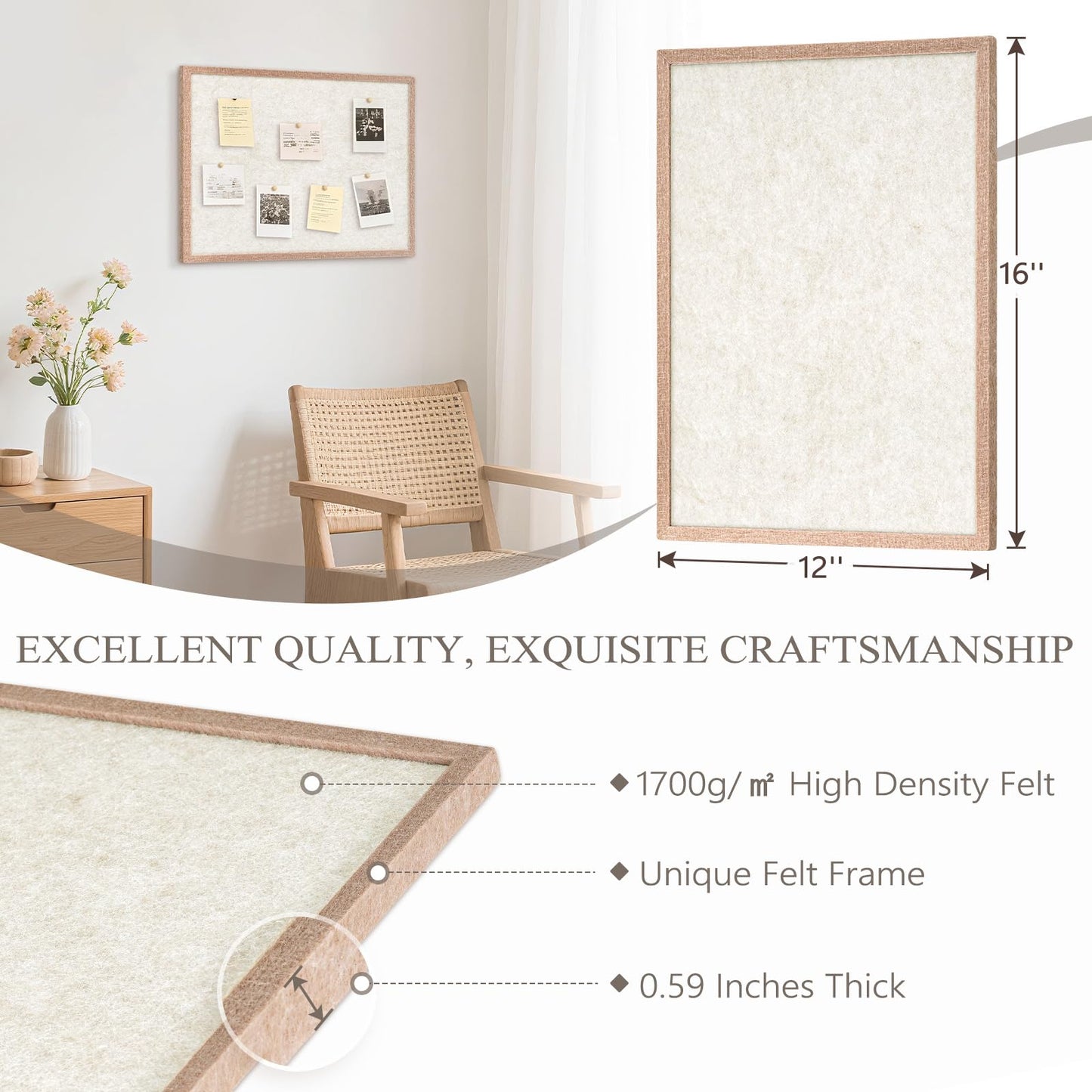 DOLLAR BOSS Felt Framed Bulletin Board 16'' x12'' 1PC Small Cork Boards for Walls Cute Lightweight Aesthetic Corkboard for Office Home Decor College Dorm Room Photo Display with 10 Pins, Beige
