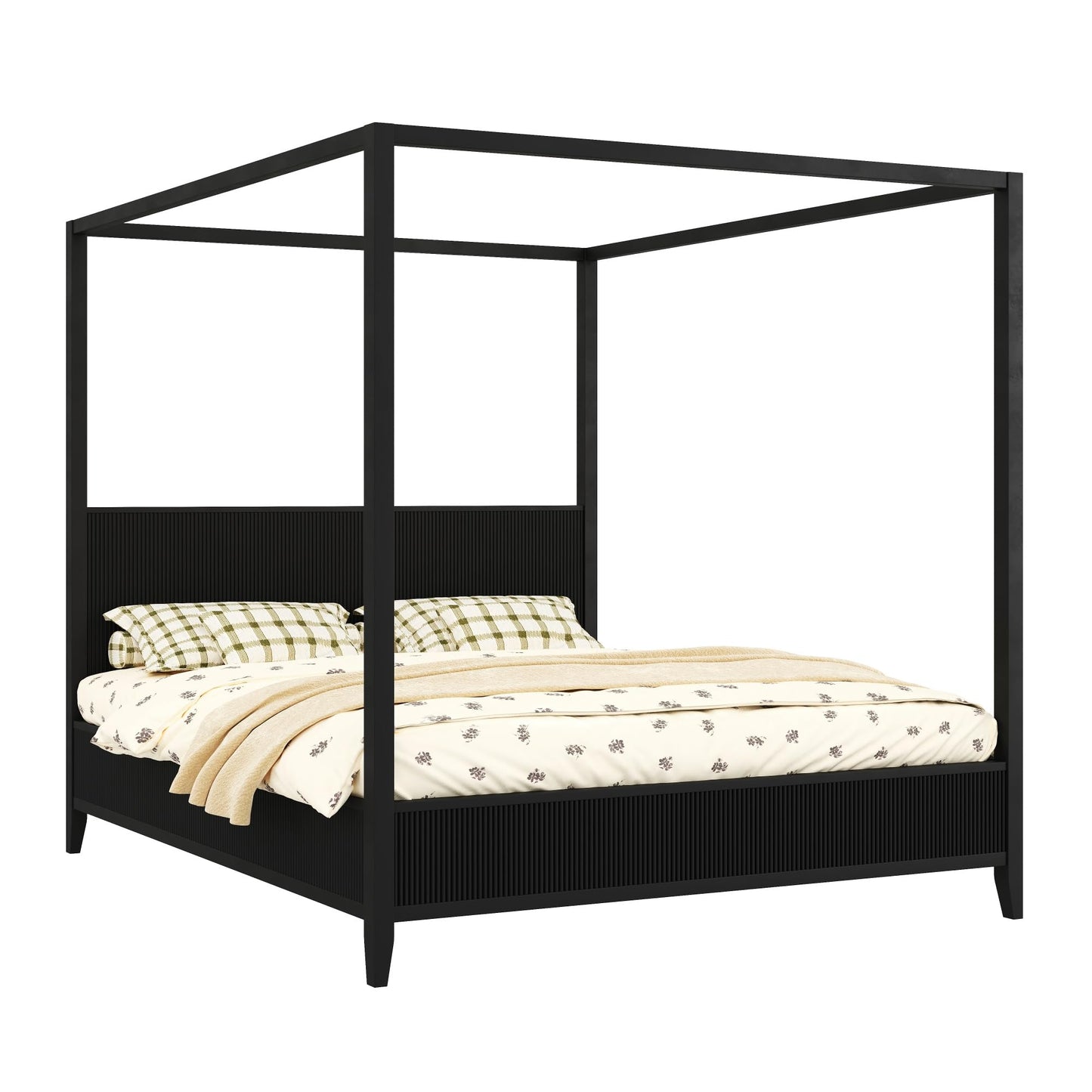 Merax Modern Luxury King Size Wooden Canopy Bed Frame with Headboard, Slats Support, Wood 4 Poster Bed Frame, No Box Spring Needed, Contemporary Bedroom Furniture, Black
