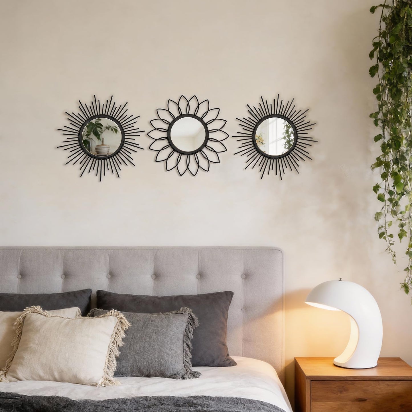 HMANGE Set of 3 Black Metal Sunburst Wall Mirrors - 12" Round Decorative Art for Living Room Bedroom Bathroom Entryway, No Assembly Required, Rust Resistant Design