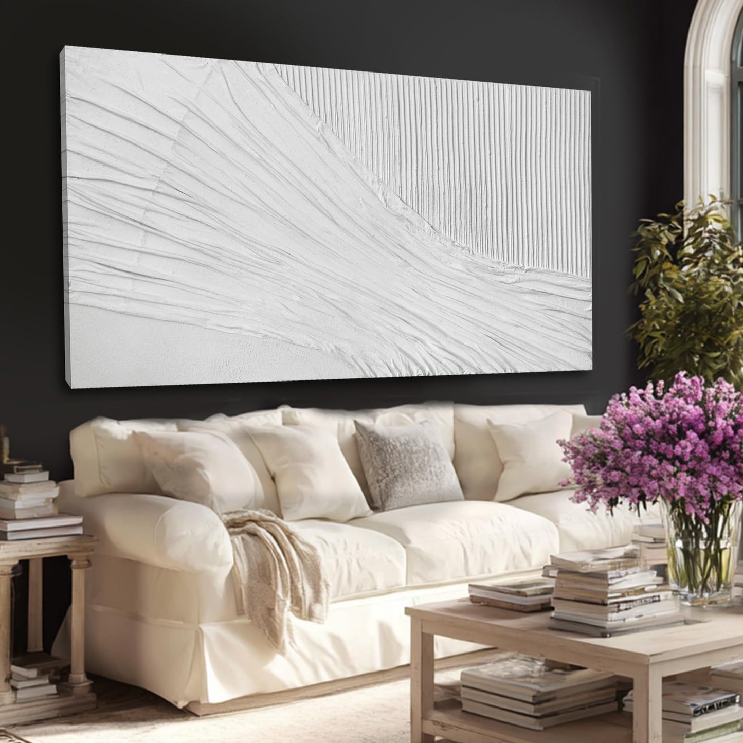 White Textured Abstract Canvas Wall Art, 29x58 Large Minimalist Wall Decor with 3D Pattern, Modern Neutral Framed Wall Art for Living Room Bedroom Entryway
