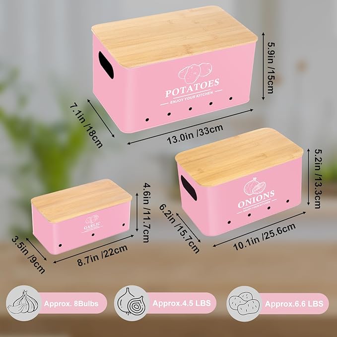 Kitchen Vegetable Storage Set of 3, Metal Onion Garlic Potato Storage Set, Kitchen Canisters Vegetable Keeper Containers with Aerating Holes and Bamboo Lid,Pink