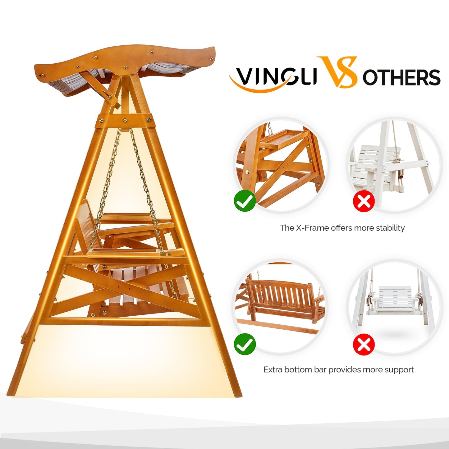 VINGLI Porch Swing with Stand, Porch Swing with Canopy, Waterproof Patio Swing with Cup Holder, Outdoor Swing Set for Garden, Yard, Patio, Teak