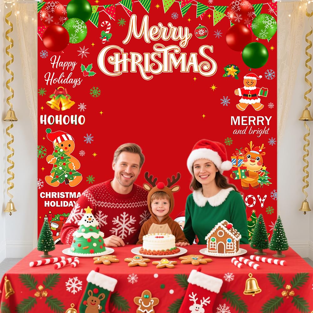 AIBIIN Red Merry Christmas Backdrop Banner for Happy Holiday Christmas Party Decoration, Red Santa Claus Candy Background for Winter Xmas Party Decorations 70.8x78.7 inch
