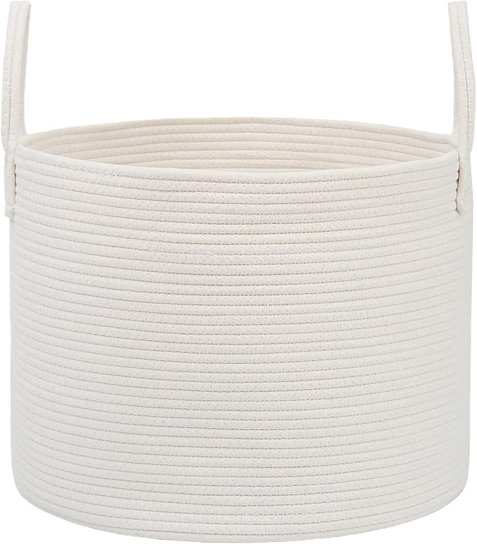 JMvicyroam 115L Extra Large Blanket Basket for Living Room - Woven Cotton Rope Laundry Hamper with Reinforced Handles - Storage Bin for Pillows, Comforters & Toys - Machine Washable,White