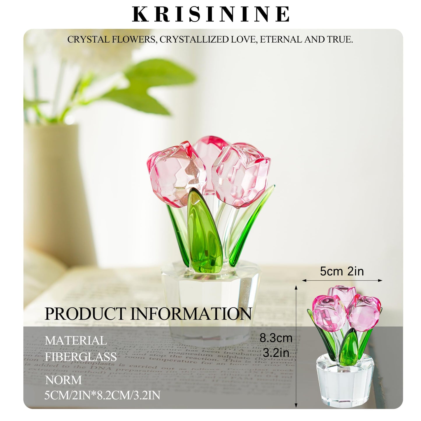 KRISININE 3.2 * 2in Crystal Pink Rose Flower Figurine Romantic Gifts for Wife Girlfriend Mom on Birthday Wedding Home Decorations
