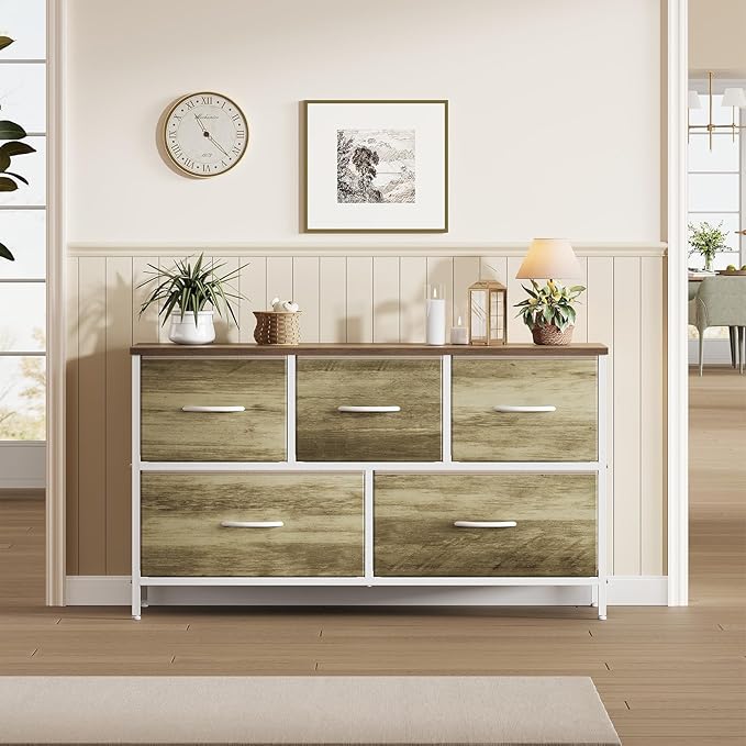 OLIXIS Dresser for Bedroom with 5 Drawers, Wide Chest of Drawers, Fabric Bedroom Dresser with Drawer Organizer, Storage Organizer Unit with Fabric Bins for Closet, Living Room, Hallway, Greige Oak