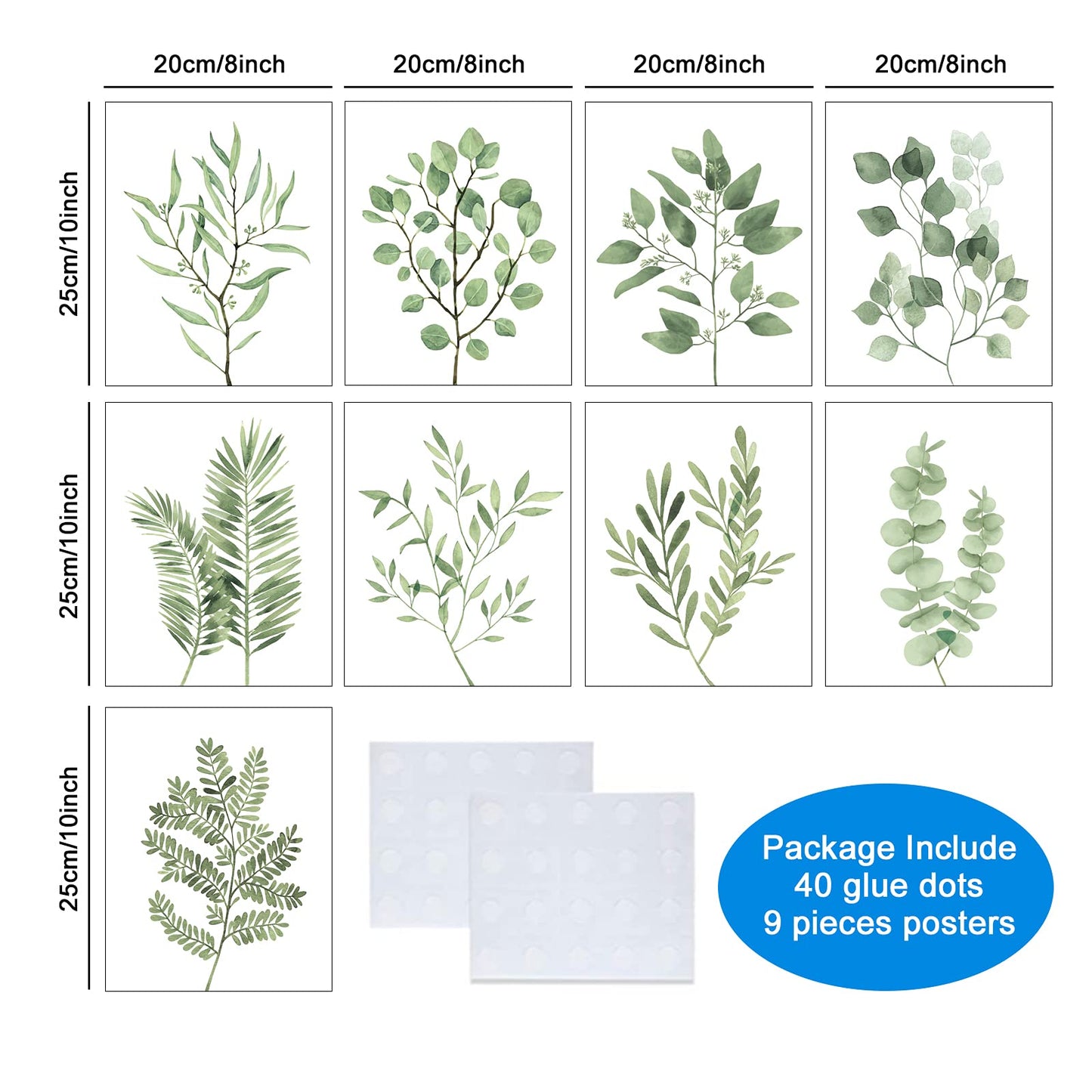 Tevxj 9PCS Botanical Plant Wall Art Prints Green Plant Wall Decor Boho Herb Wall Decor Pictures Minimalist Wall Art Photo Prints for Living Room Kitchen Leaves (8"x10", Unframed)