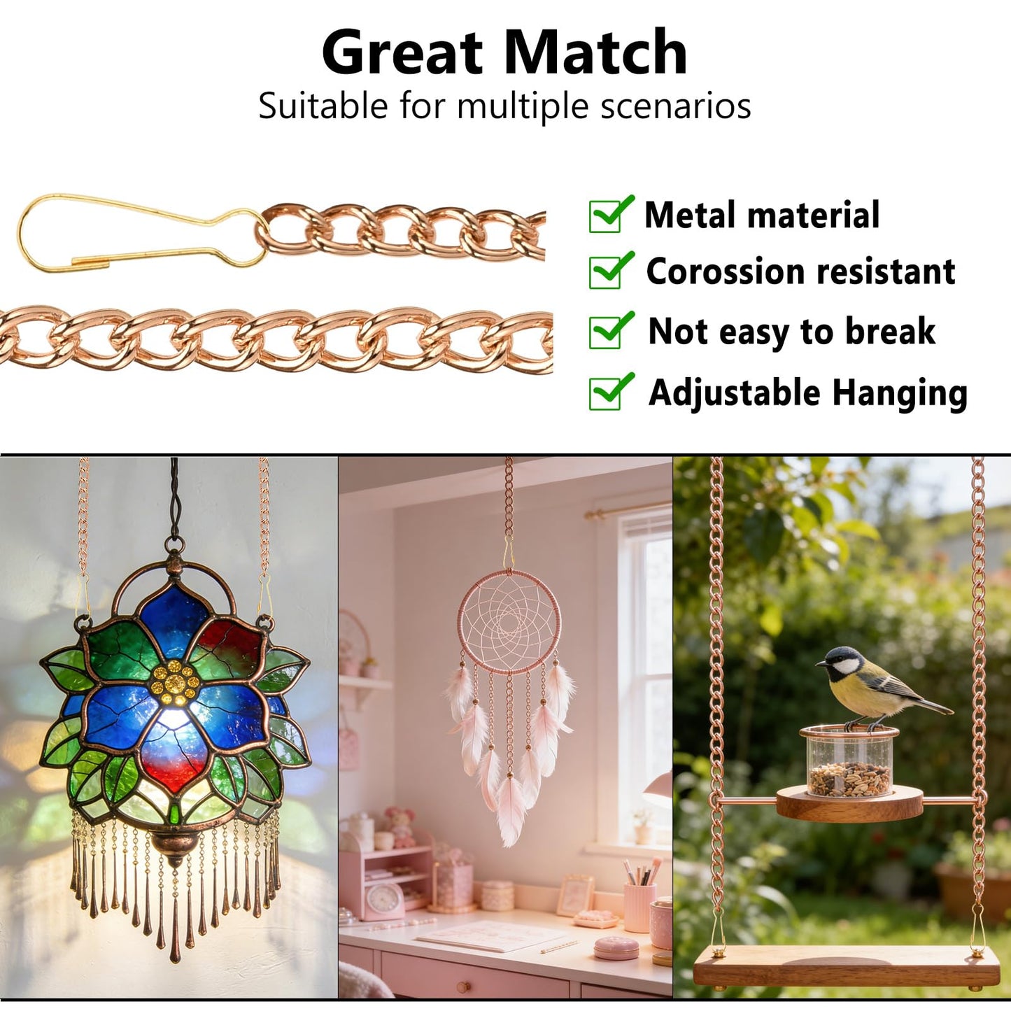 SANGLE SOPFFY Stained Glass Window Hanging Chain, 4PC 30 Inch Gold Metal Picture Hanging Chain Sunshine Catcher Stained Glass Window Panels Chains