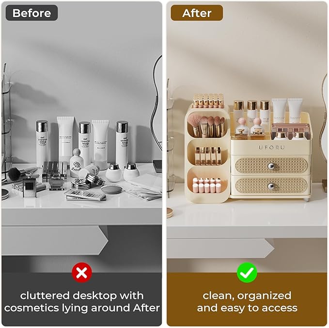 UFORU Makeup Organizer for Vanity with Brush Holder, Large Capacity Bathroom Countertop Skincare Organizer with 2 Drawers, Cosmetic Display Case for Perfumes, Eyeshadow Palettes, Nail Polishes