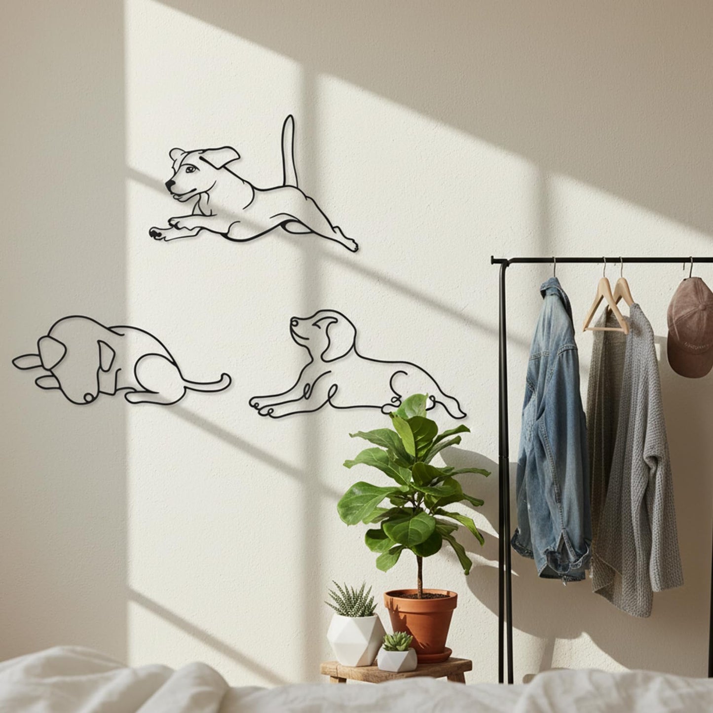 BrightRow 3 Pcs Dog Wall Art Minimalist Abstract Pet Line Drawing Decor Black Metal Modern Pet Sculptures Dog Lover Gifts for Living Room Bedroom Kitchen Wall Decorations(Puppy B)