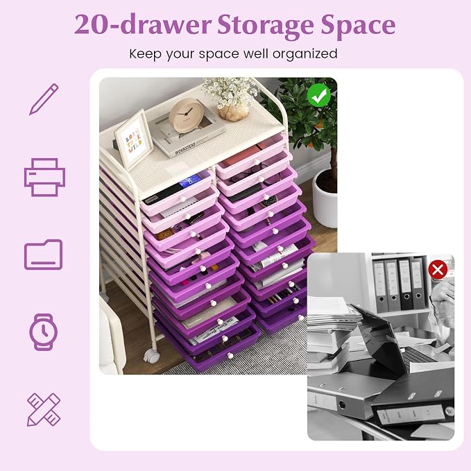 COSTWAY 20-Drawer Rolling Storage Cart, Utility Storage Organizer Cart for Tools, Scrapbook, Paper, Craft, Multipurpose Storage Trolley on Wheels for Home Office School, Purple Gradient