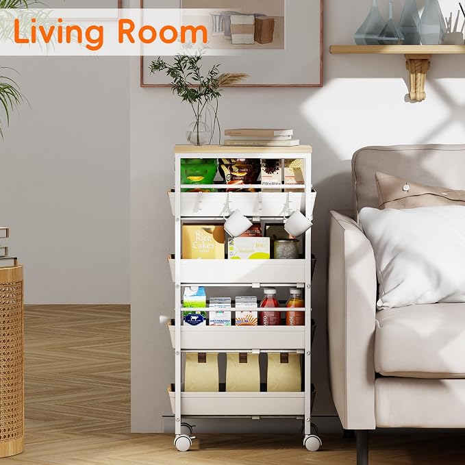 5-Tier Kitchen Storage Cart, Wood Top Rolling Cart Organizer with Pull-Out Baskets & Wheels, Metal Snack Cart with Holder for Fruit, Vegetable, Microwave, Kitchen, Pantry, White