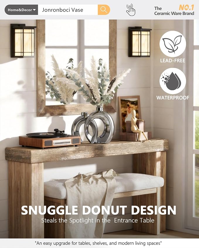 Set of 2 Silver Ceramic Vases for Home Decor Accents - Unique Hollow Donut Artistic Design Modern Contemporary Glam Style Decorative Vases for Shelf, Mantel, Entryway Table Decor (Matte Silver)