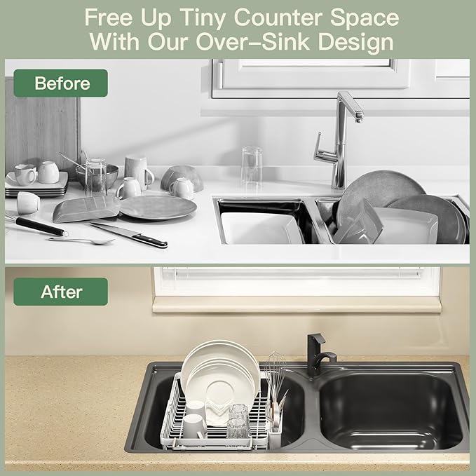 MAJALiS White Dish Drying Rack Over The Sink with Utensil Holder, Mat | Expandable Stainless Steel Dish Drainer for Small Kitchen, Apartment, RV, Counter Space Saving, Perfect Fit, Rustproof