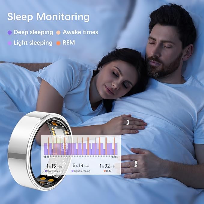 Ring Health Tracker for Women Men, Fit Ring with Heart Rate, Blood Oxygen, Sleep Monitor, Calories, Step Counter, IP68 Waterproof Smart Ring for iPhone & Android, No Subscription Fee (Silver, 6#)