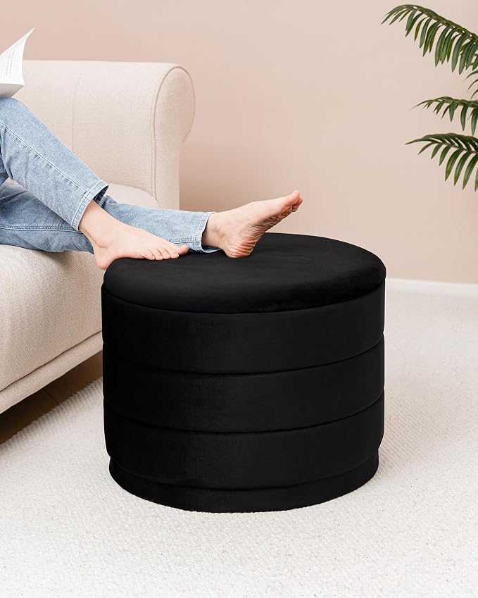 B FSOBEIIALEO Round Velvet Storage Ottoman with Tray, Folding Ottoman with Storage Coffee Table Foot Rest for Dorm Room, Living Room Black, 22.83"x22.83"x17.32"