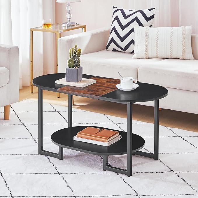 HOOBRO Coffee Table for Living Room, Oval Small Coffee Table with 2-Tier Open Storage Shelf, Industrial Cocktail Tea Table, Wooden Desktop Center Table, Home Office, Rustic Brown and Black BFK09KF01