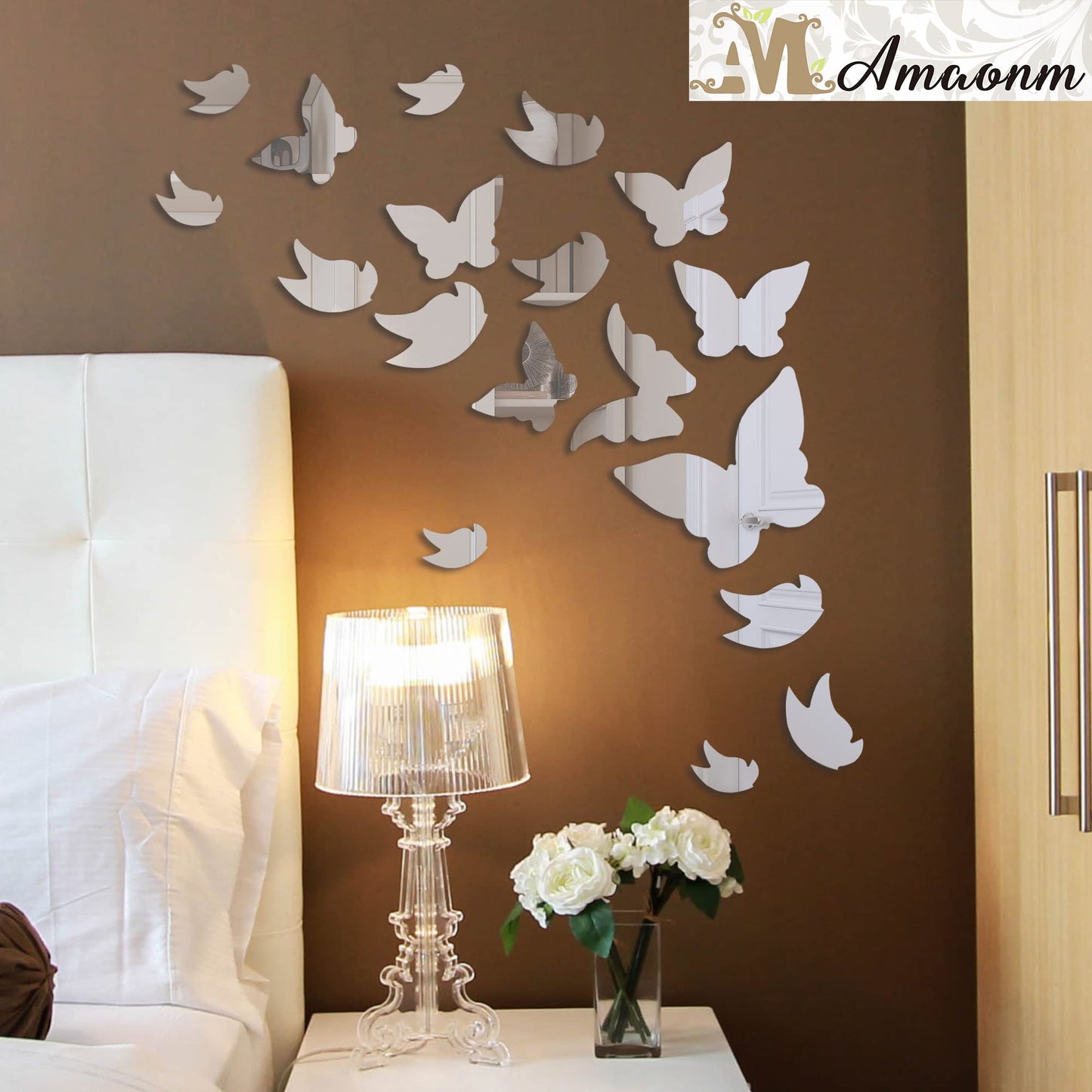 Amaonm 21 PCS Silver Mirror Acrylic Butterfly Wall Decals, 3D Crystal Butterfly Removable Stickers DIY Art Decor for Kids Nursery Bedroom Living Room Bathroom Door Home Wall Mural
