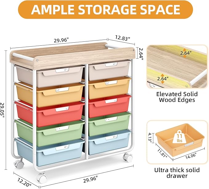 10 Drawers Rolling Cart with Wooden Tabletop, Utility Storage Cart with Wheels, Art Supply Craft Organizer on Wheel with Metal Frame & Handles for Home Office School,Colorful