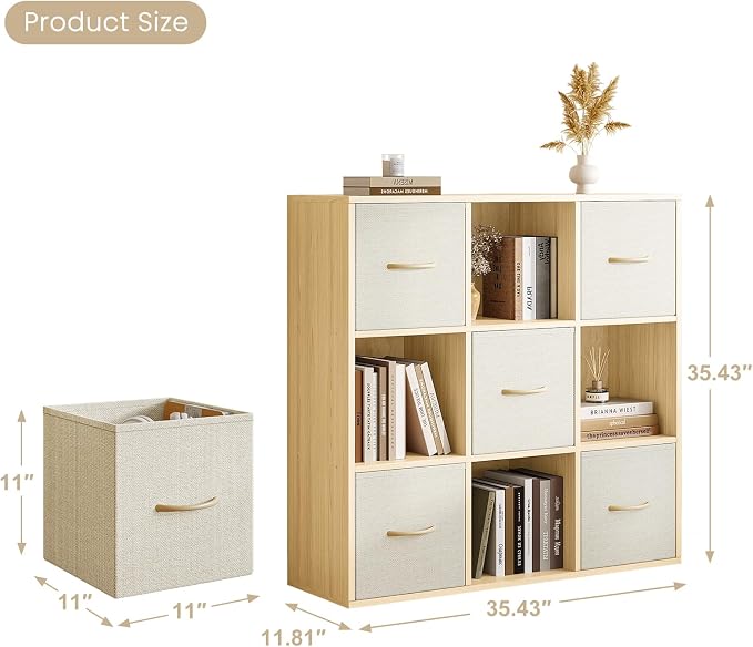 EXPERLAM 9 Cube Storage Organizer - Solid Wood Bookshelf with 5 Storage Bins, Cube Shelf with 3 Removable Back Panels, Vertical or Horizontal Bookcase, Open Book Shelf for Bedroom, Living Room, Office