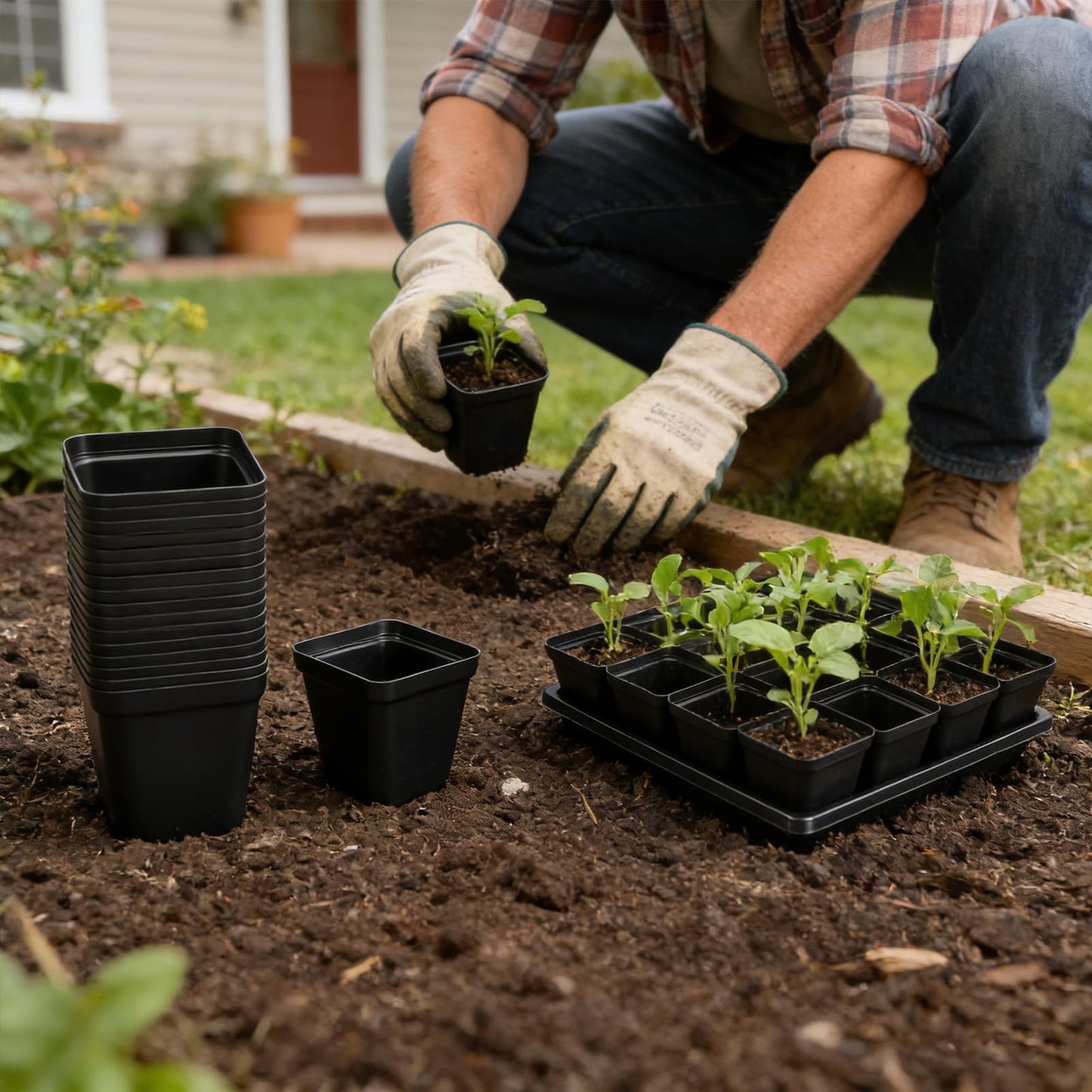 NNG 2.6 inch 100 Pcs Black Square Nursery Pots with 5 Pcs Plastic Seed Starting Trays,Plant Propagation Starter Kit Square Seed Starting Pots with Drain Holes