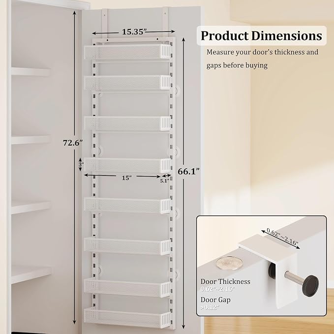 Over the Door Pantry Organizer, 8-Tier Over the Door Spice Rack with Adjustable Baskets, Wall-Mounted or Hanging Shelves for Kitchen, Laundry Room, Bathroom(White, 15.35"W x 5.2"D x 72.6"H)