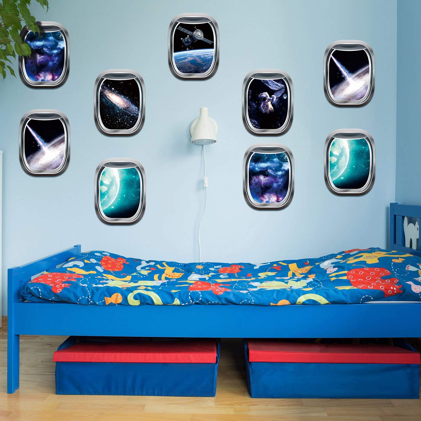 Outus 6 Pieces 3D Space Wall Decals Galaxy Window Stickers for Wall Outer Space Decor Capsule Spacecraft Astronaut Mural Room Decor for Kids Boys Nursery Bedroom Home Decoration