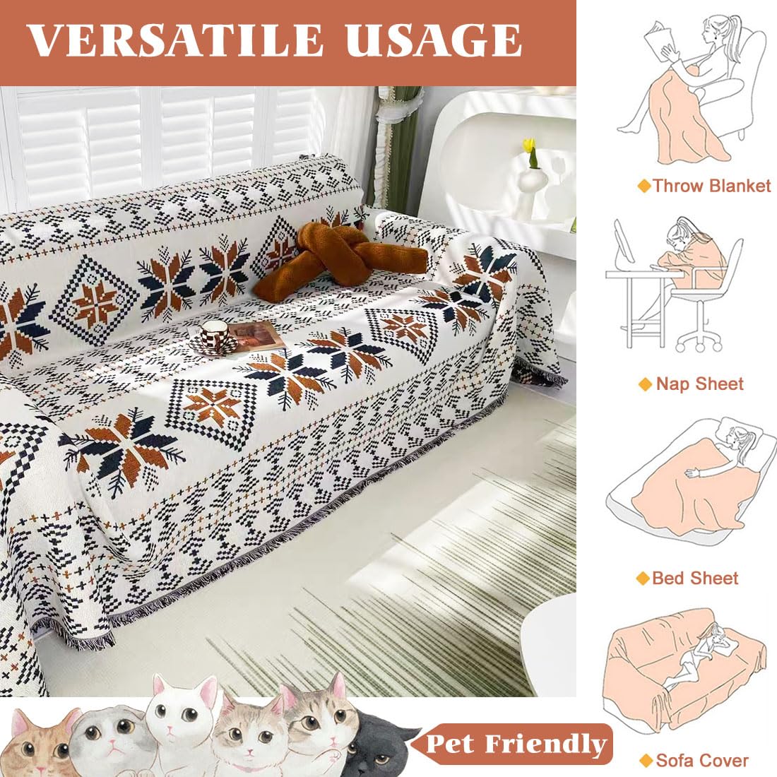 VOPHIA Couch Cover Blanket Boho Sofa Covers Reversible Two-Sided Woven Sofa Slipcovers for Christmas-Washable Thick Soft Throws Cover Blankets for Living Room Home Decor (Maple Leaf, Medium)
