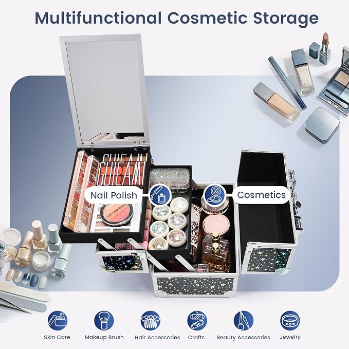 Joligrace Makeup Train Case Portable Cosmetic Box 2 Trays with Mirror Lockable for Makeup Nail Tech and Beauticians Traveling Makeup Storage Organizer - Black Star