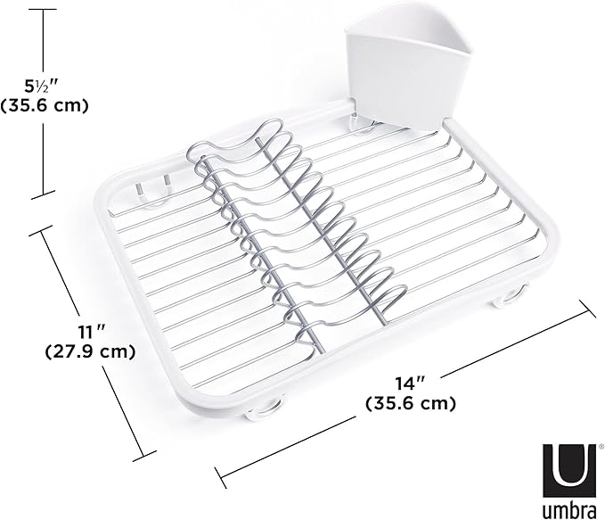 Umbra Sinkin Dish Drying Rack – Drainer Caddy with Removable Cutlery Holder – Use in Sink or On Counter, Standard, White/Nickel