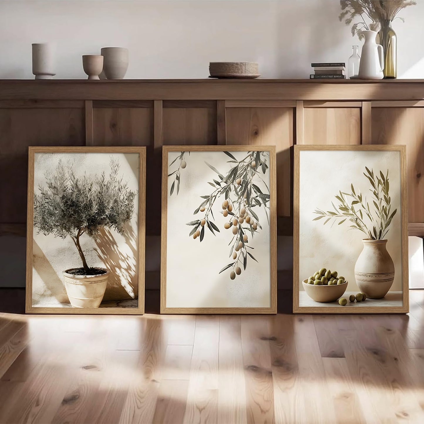3Pcs Wooden Framed Tree Botanical Canvas Wall Art Mediterranean Olive Branch Painting Prints Poster, Rustic Farmhouse Neutral Picture Decor for Living Room Bedroom Kitchen Dining Room 12x16in